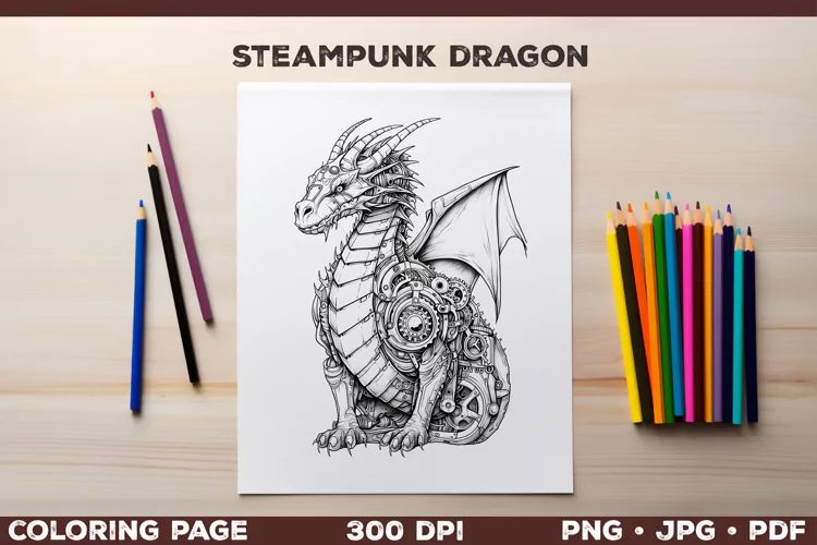 Steampunk dragon coloring page