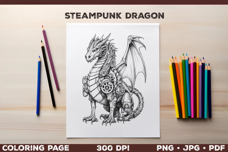 Fantasy coloring for adults, Steampunk Dragon Coloring Page