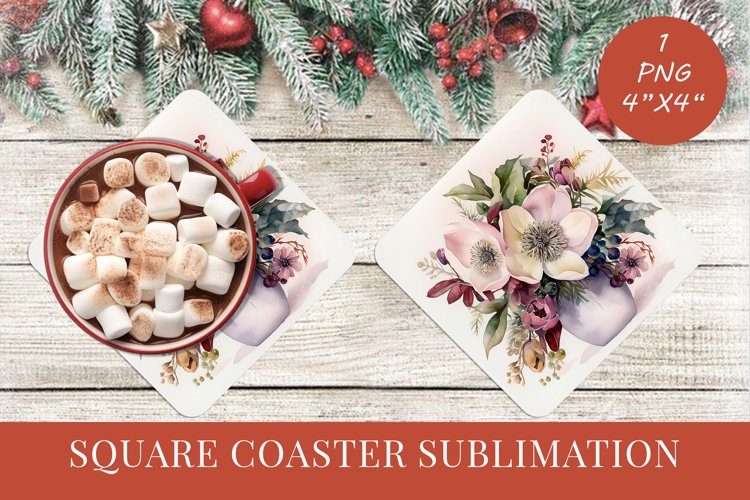 Winter Flowers Christmas coaster Square coaster Sublimation example image 1