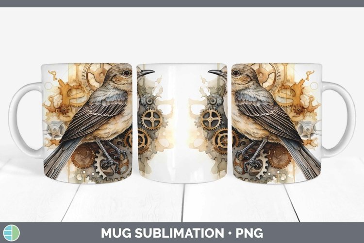 Steampunk Mockingbird Mug Wrap Sublimation Coffee Cup Design
