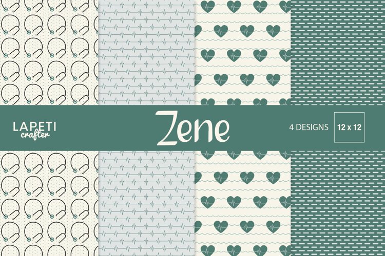 Four medical digital papers with stethoscopes, ECG heartbeat lines, heart graphics and geometric patterns