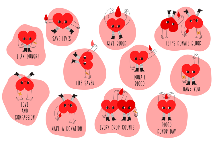 Blood Donation Heart Character Sticker Set - Kawaii Medical