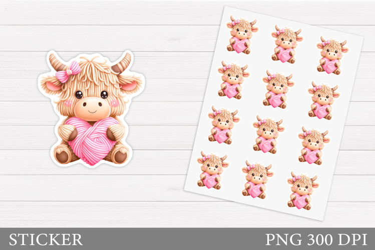 Yarn Cow Sticker Design. Valentines Sticker Printable