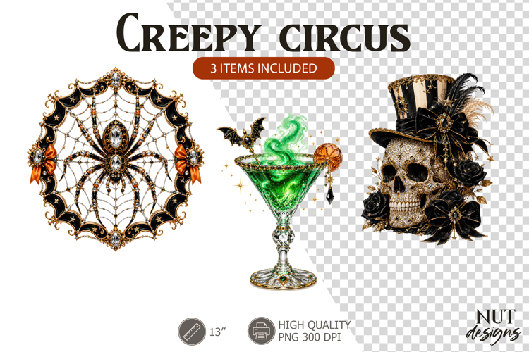 Creepy Circus Carnival Halloween clipart Skull Spider web