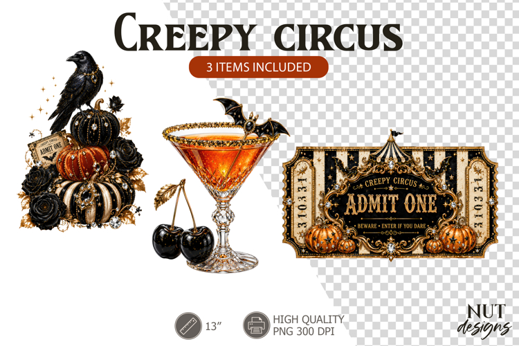 Creepy Circus Halloween clipart cocktail ticket black raven