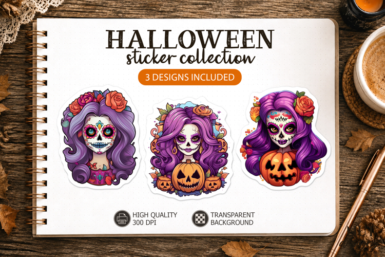 Sugar Skull Halloween Stickers calavera girl purple hair