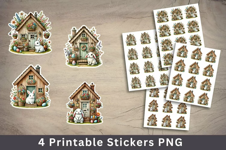 easter sticker printable - house with rabbit