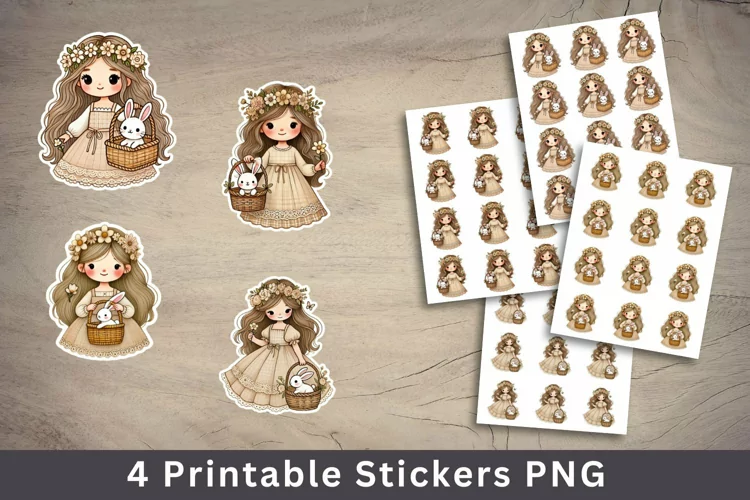 easter sticker printable - girl and bunny rabbit