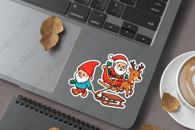 gnome pulling sled while Santa rides Sticker