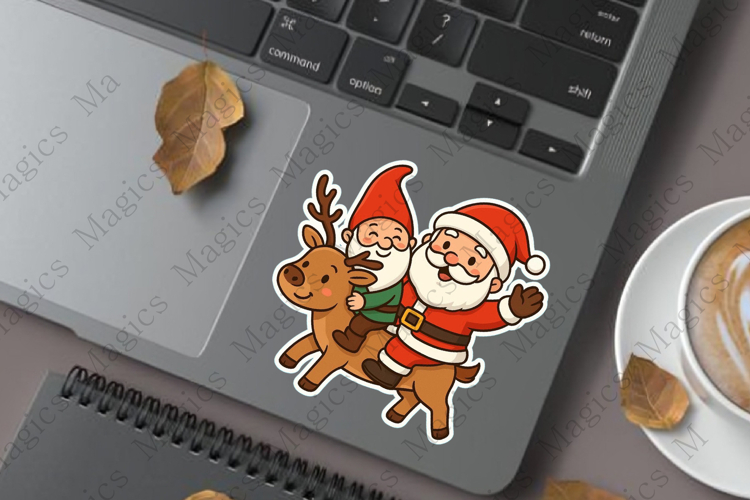 smiling gnome sitting on reindeer Sticker