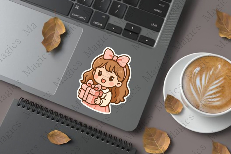 coquette girl holding a pastel pink gift box stickers
