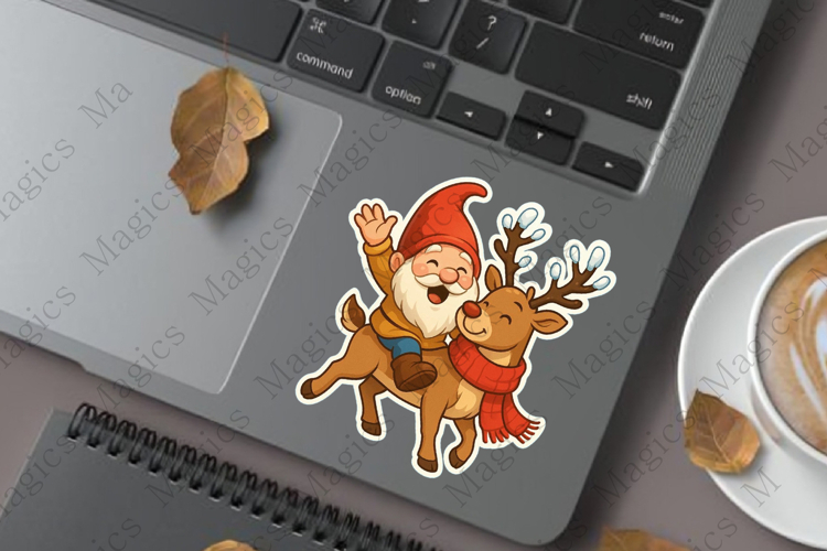 joyful gnome sitting on reindeer Sticker