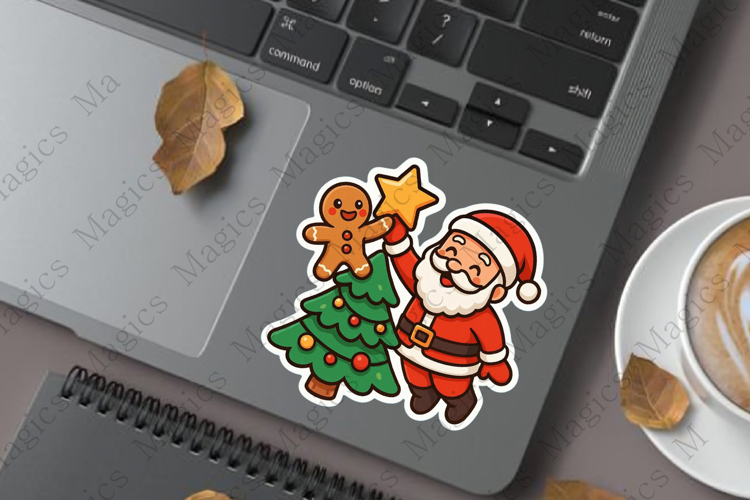 Santa places it on Christmas tree top Sticker