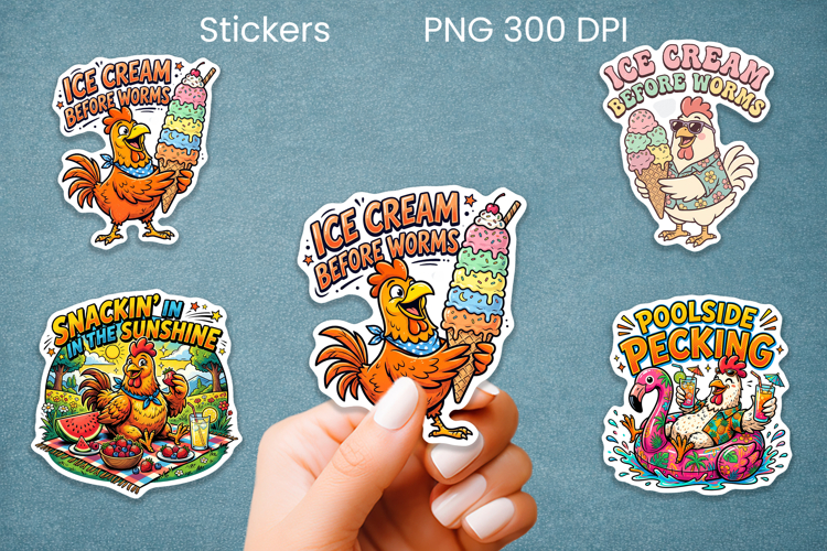 Funny summer chicken stickers PNG | Farm sticker printable