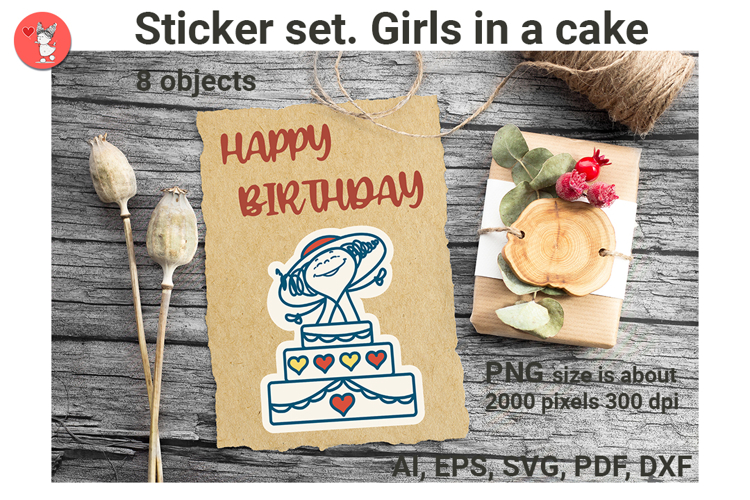 Sticker set. Girls in a cake