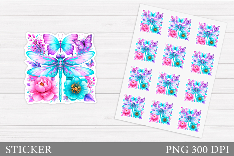 Dragonfly Sticker Printable. Flowers Sticker Design