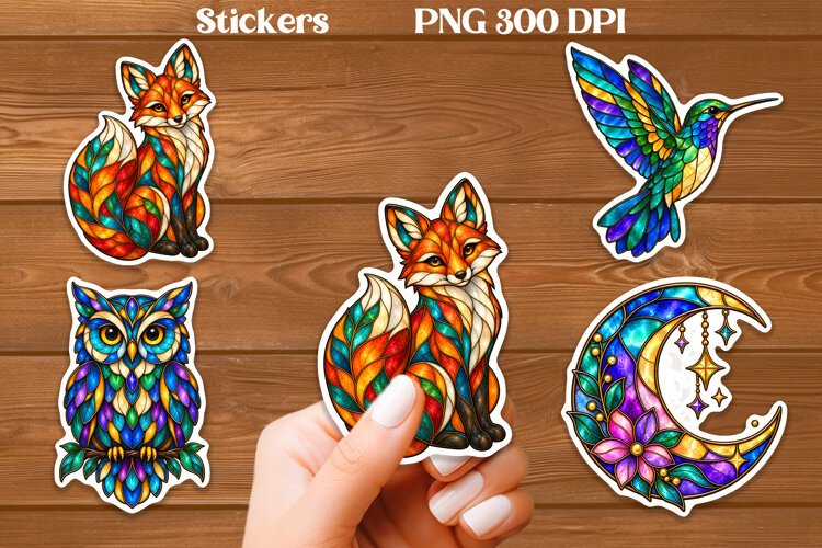 Stained Glass Animal Stickers PNG | Fox Owl Hummingbird example image 1