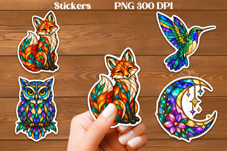 Stained Glass Animal Stickers PNG | Fox Owl Hummingbird
