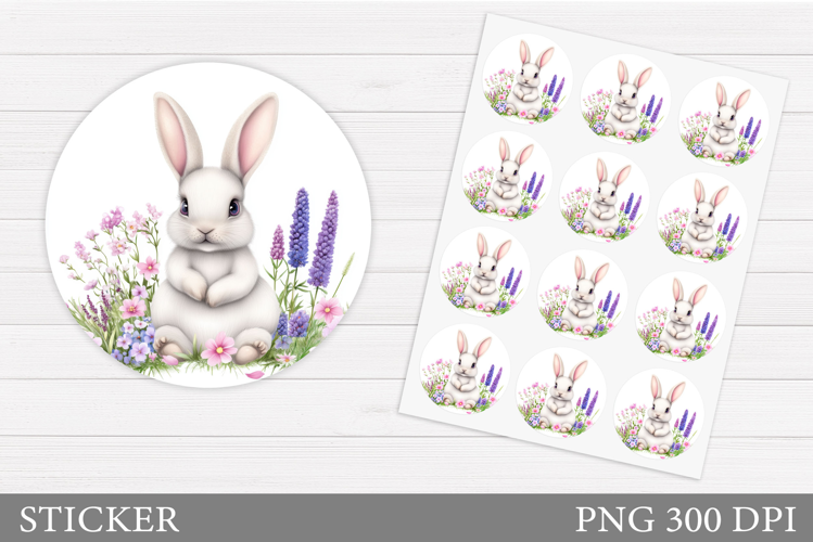 Cute Bunny Sticker Design. Bunny Flowers Sticker Printable