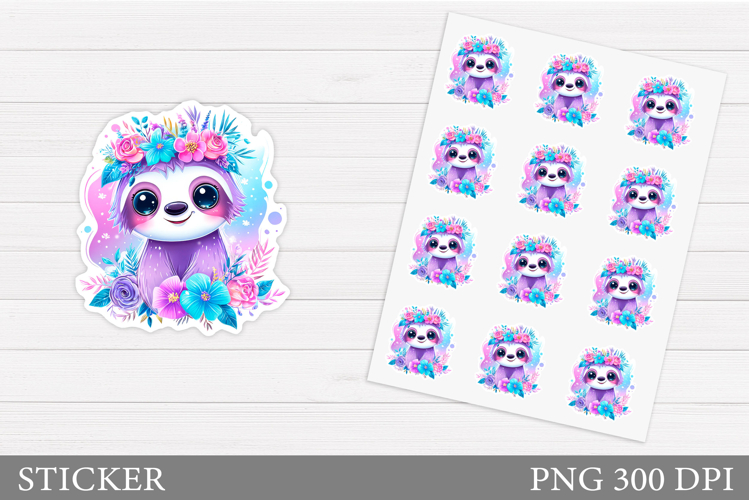 Cute Sloth Sticker Design. Sloth Flowers Sticker Printable