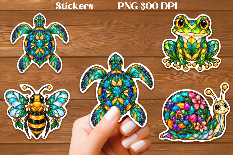 Stained Glass Animal Stickers PNG | Turtle Frog Bee Snail