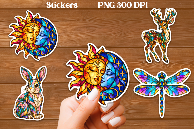 Stained Glass Stickers PNG | Sun Moon Deer Rabbit