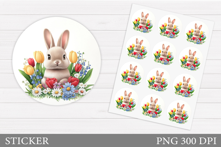 Cute Bunny Sticker Design. Bunny Flowers Sticker Printable