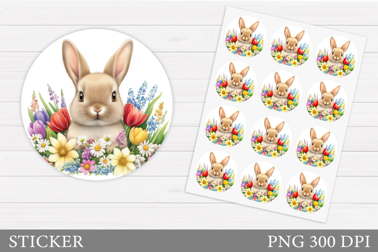 Cute Bunny Sticker Design. Bunny Flowers Sticker Printable