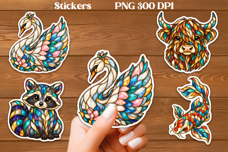 Stained Glass Animal Stickers PNG | Swan Raccoon Cow Koi