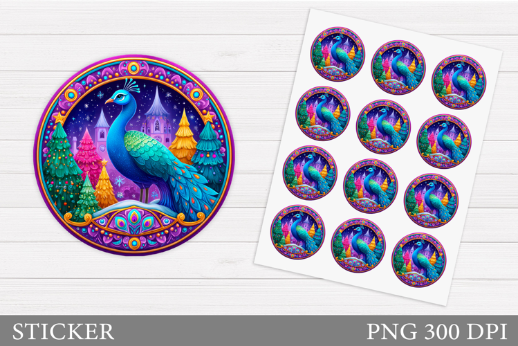 Christmas Peacock Sticker. Christmas Sticker Printable