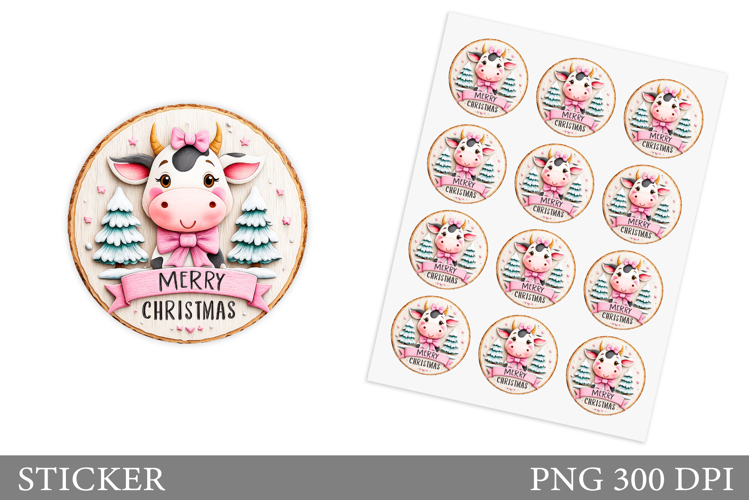 Christmas Cow Sticker Design. Christmas Sticker Printable