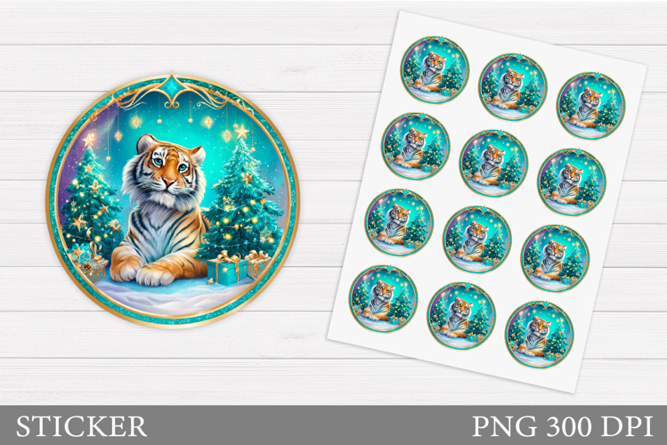 Christmas Tiger Sticker Design. Christmas Sticker Printable