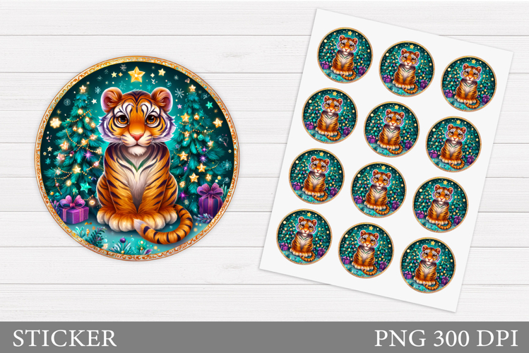 Christmas Tiger Sticker Design. Christmas Sticker Printable
