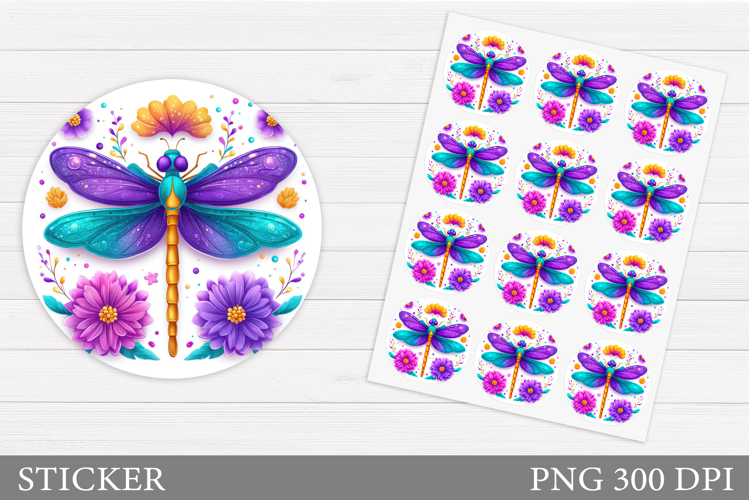 Dragonfly Sticker Template. Flowers Sticker Design