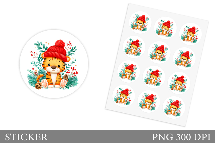 Christmas Tiger Sticker Design. Christmas Sticker Printable