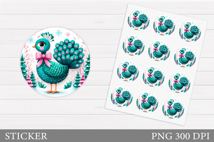 Christmas Peacock Sticker. Christmas Sticker Printable