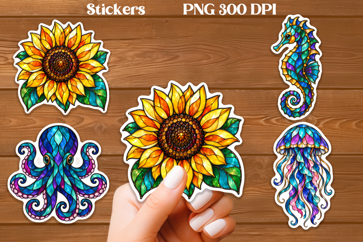 Stained Glass Stickers PNG | Sunflower Ocean Animals