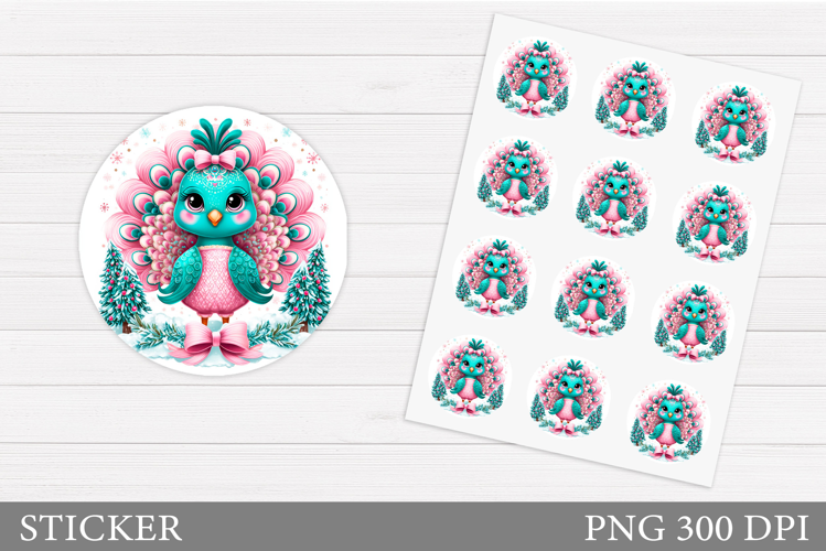 Christmas Peacock Sticker. Christmas Sticker Printable