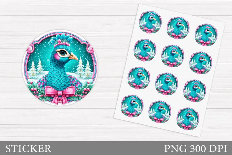 Christmas Peacock Sticker. Christmas Sticker Printable