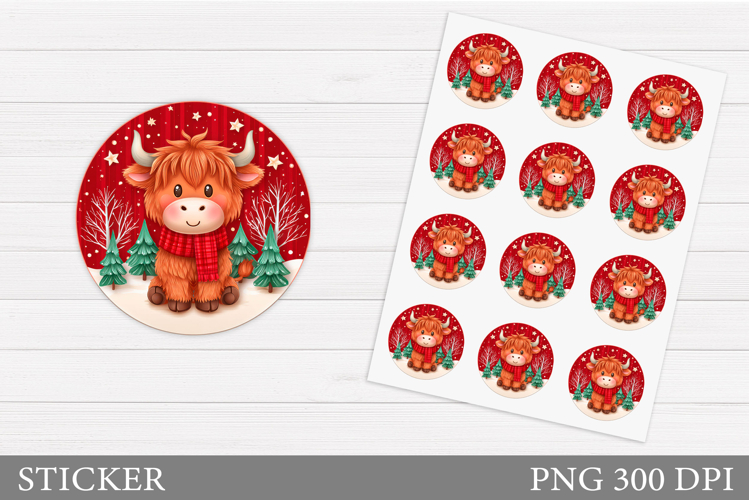 Christmas Cow Sticker Printable. Christmas Round Sticker