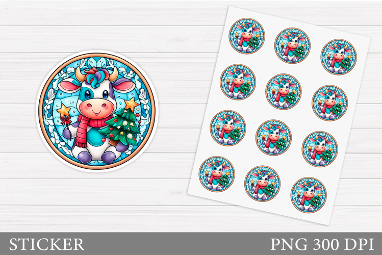 Christmas Cow Sticker Printable. Christmas Round Sticker