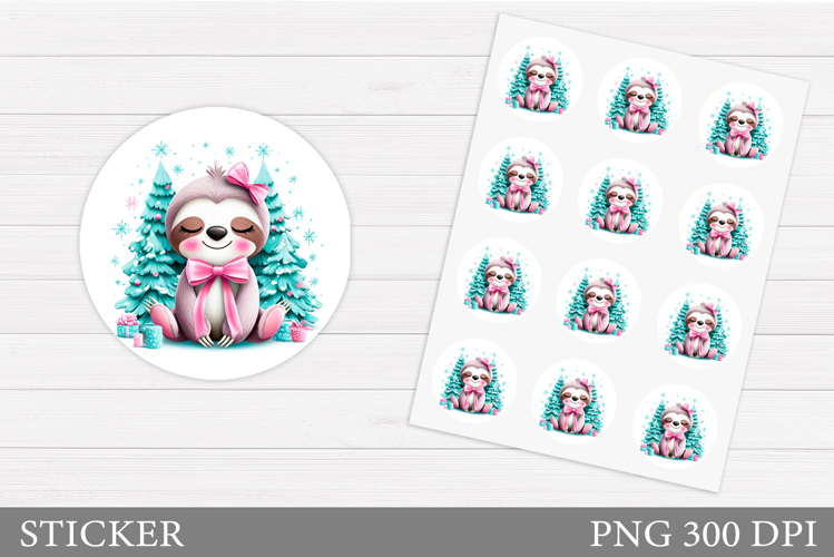 Christmas Sloth Sticker Design. Christmas Sticker Printable