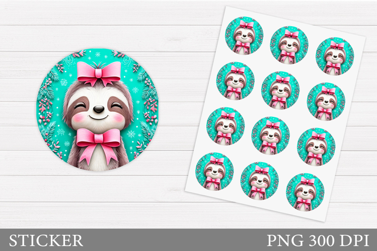 Cute Sloth Sticker Design. Christmas Sticker Printable