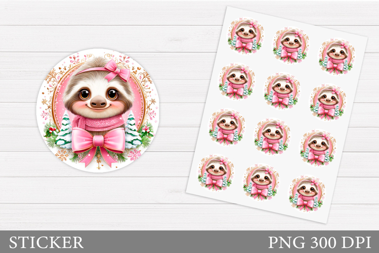 Cute Sloth Sticker Design. Christmas Sticker Printable