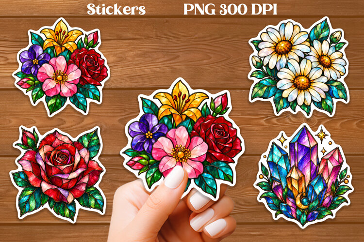 Stained Glass Flower Stickers PNG | Floral Crystal Sticker example image 1