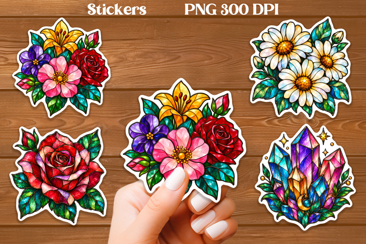 Stained Glass Flower Stickers PNG | Floral Crystal Sticker
