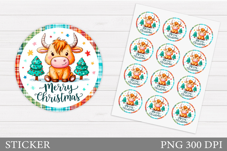 Christmas Cow Sticker Printable. Christmas Round Sticker