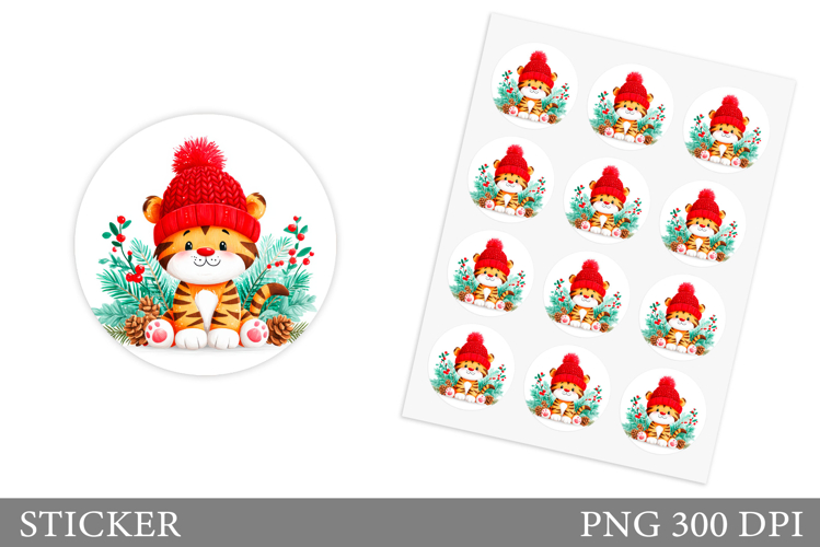 Christmas Tiger Sticker Design. Christmas Sticker Printable