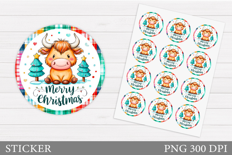 Christmas Cow Sticker Printable. Christmas Round Sticker