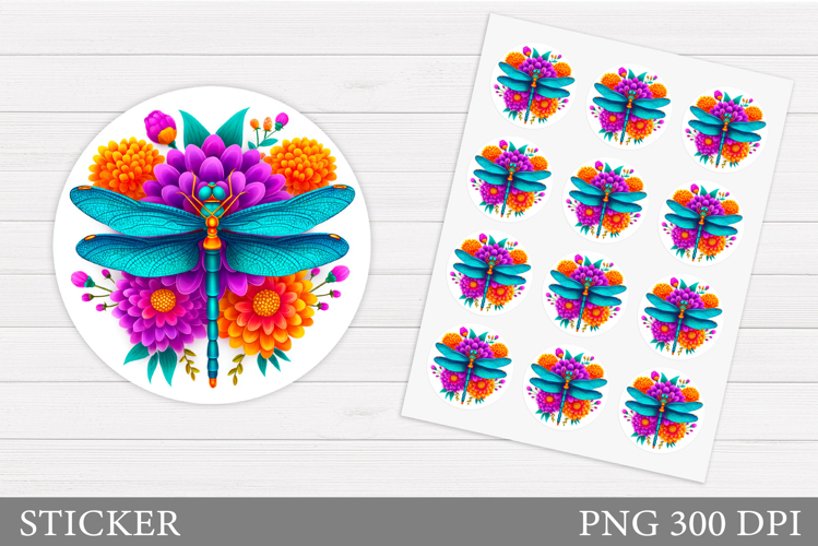 Dragonfly Sticker Template. Flowers Sticker Design